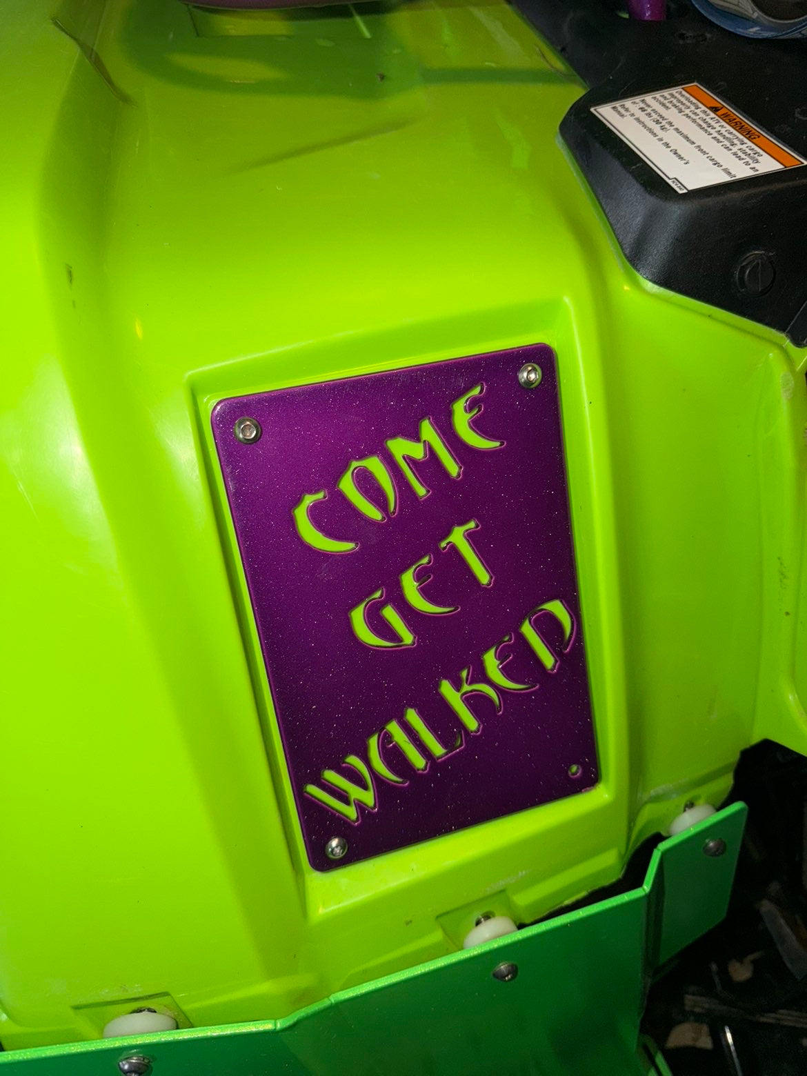 Honda warning label delete plate “come get walked”